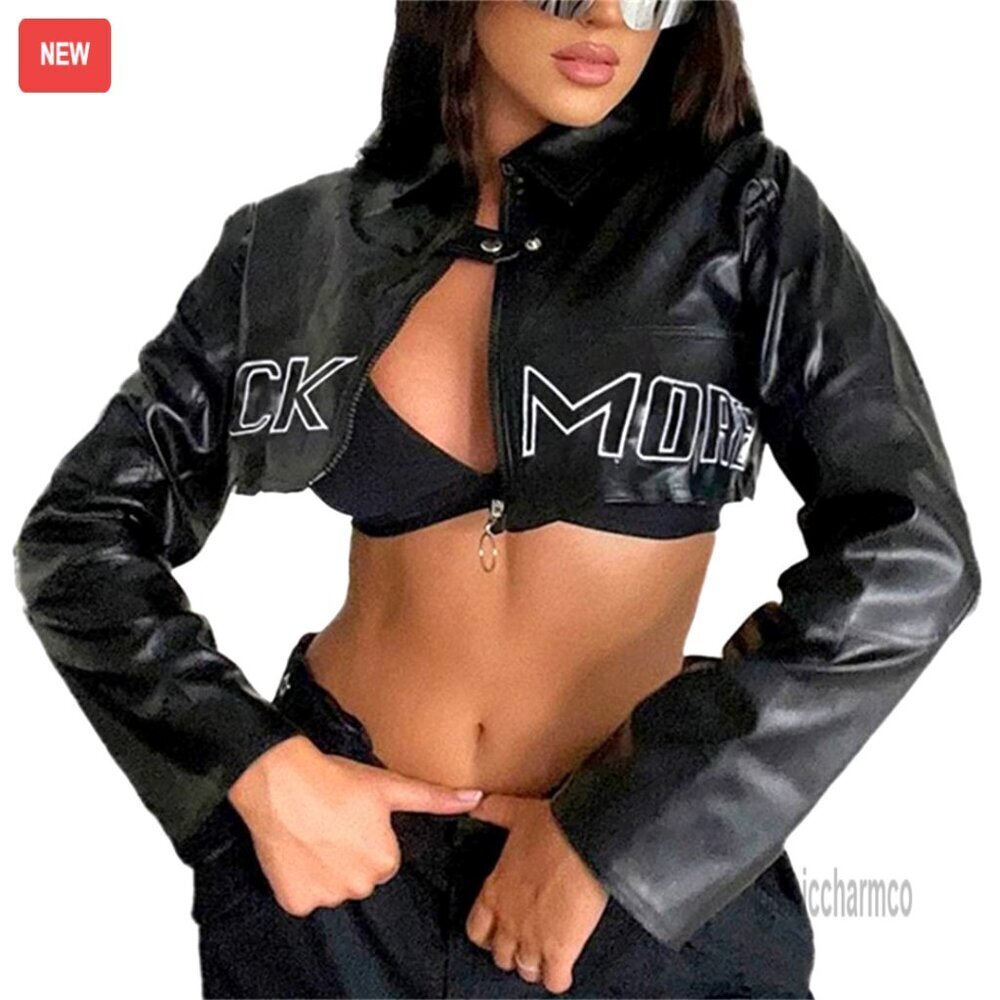 Leather Motorcycle Jacket, Waterproof Windbreaker, Cropped Fit, Y2K Gothic